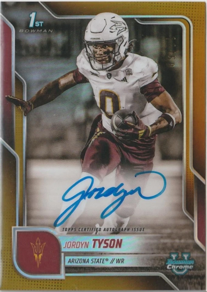 Jordyn Tyson 2025 Bowman University Chrome 1st Gold Refractor Auto #BCA-JTY #/50 - Image 1 of 2