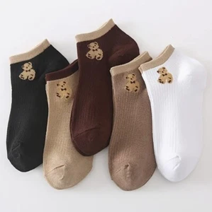5 Pairs Teddy Bear Cute Socks White Beige Brown Black Set Low Cut - Picture 1 of 7