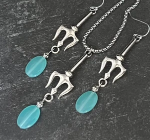 Triton Necklace Earrings Set Blue Capri Agate Gemstone Pendant - Picture 1 of 6