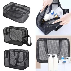 Portable Black Hand-held Mesh Men's Toiletry Bag Bath Storage Cosmetic Bag - Picture 1 of 17
