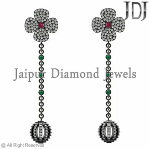 Natural Pave Diamond Earrings Flower Beads Ruby Emerald 925 Solid Silver Jewelry - Picture 1 of 3