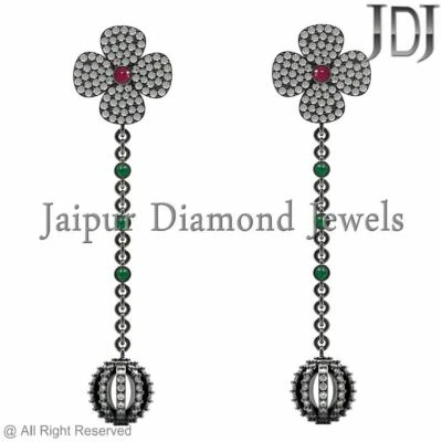 Natural Pave Diamond Earrings Flower Beads Ruby Emerald 925 Solid Silver Jewelry - Image 1 of 3