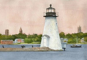 Palmer Island Leuchtturm Neu Bedford Massachusetts Aquarell Notizkarten - Bild 1 von 2