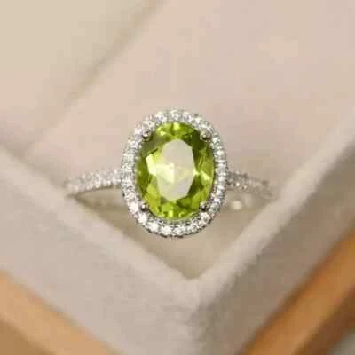 Sterling Silver Lab Created Peridot stone Cluster CZ Stone Ring for women - Image 1 of 3