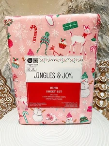 Pink Christmas King Sheets Ditsy Vintage Farmhouse Icons Jingles & Joy - Picture 1 of 4