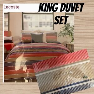 LACOSTE King Duvet Cover Shams Bed Set NEW $335 Folkstone Gray Red Orange Blue