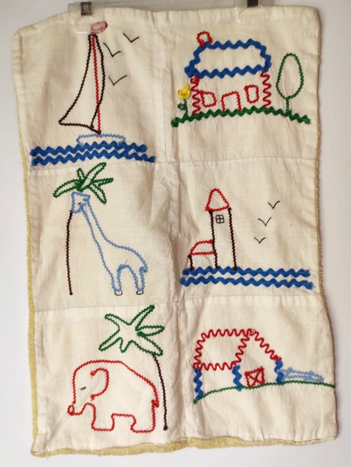 复古手工刺绣和 RickRack 婴儿毛巾壁挂 ~ ~ 大象长颈鹿谷仓 — 第 1/4 张图片