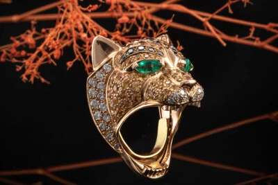 Tiger Panther Design Ring Citrin Brillanten schwarz weiß Smaragd Rotgold Schmuck - Bild 1 von 4