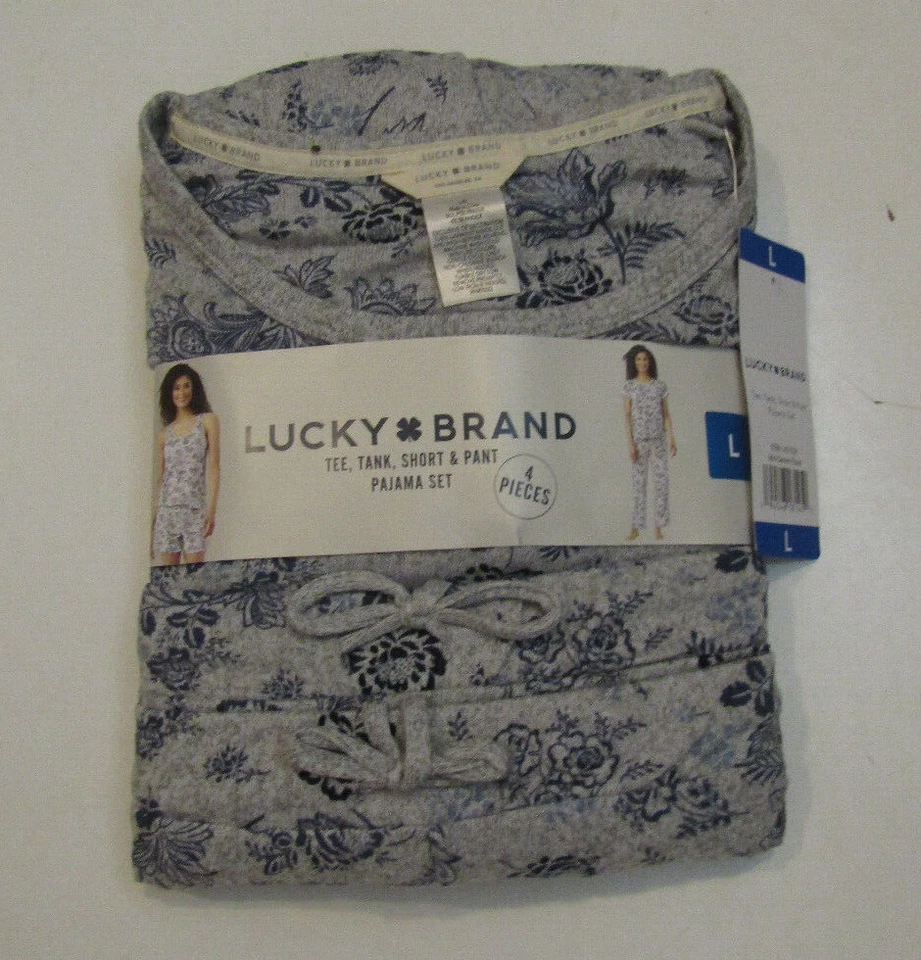 4 PC Lucky BRAND Woman Ladies Pajama Set Tee Tank Short Pant Gray Blue Stars Med