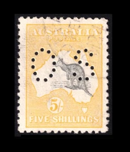 Kangaroo Rare 5/- Grey & Yellow 2nd Wmk Perf "OS" VFU NEW B&W (2025) CV$ 700.00 - Picture 1 of 4