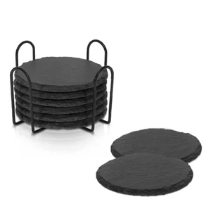 4" Round Slate Stone Coasters with Holder for Drink Bar Kitchen Home 8pcs US - Picture 1 of 13