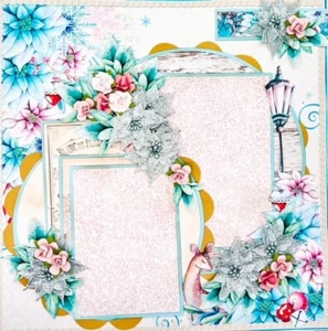 Handmade Pink Lemoncraft Christmas Roses & Deer 12x12 Premade Scrapbook Layout - Picture 1 of 3