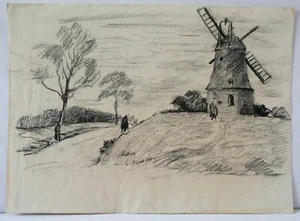 Zeichnung Kreide Landschaft Mühle Personen Bernhard Huys Worpswede - Picture 1 of 6