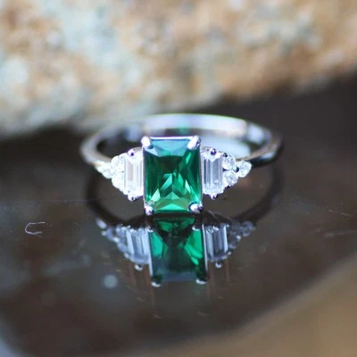 Lab Created Emerald Engagement Ring Sterling Silver 925 May Birthstone - Image 1 of 4