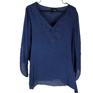 New Directions Women’s Navy Blue Bohemian Crochet Tunic Sheer Blouse Size XL - Picture 1 of 5