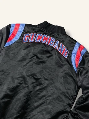 GUCCI GucciBand Bomber College Academy Back Logo Black Satin Jacket - Image 1 of 4
