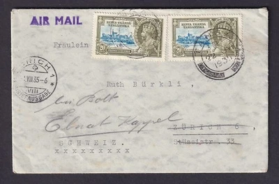 British KUT Tanga a Zurich 1935 correo aéreo franqueo del Jubileo de Plata - apertura áspera Foto 1 de 2