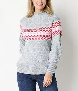 St. John's Bay Crew Neck Long Sleeve Sweater With Pearls Grey Pink Woman PXL NWT - Picture 1 of 6