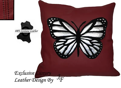1X DARK RED LUXURY GENUINE LEATHER CUSHION BLACK SUEDE BUTTERFLY DESIGN SEWED ON - Image 1 of 3