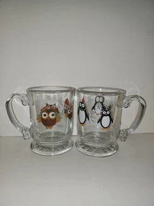 2 Glass Libbey Mug Christmas Penguin and Owl - Picture 1 of 13