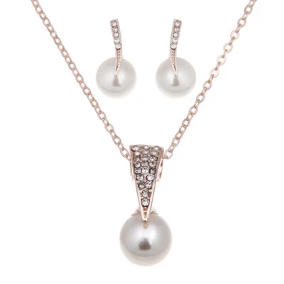 925 Silver Plated white Cultured Freshwater bead Pearl Earring Stud Necklace Set - Image 1 of 4