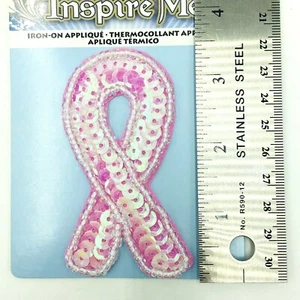 BREAST CANCER AWARENESS Appliqué Beaded Sequined PINK RIBBON 3.5” Iron-on Patch - Picture 1 of 6