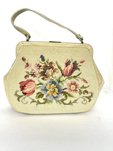 Vintage 50's Needlepoint Floral Purse Handbag Pockets Coin Purse Beige - Picture 1 of 15