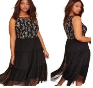 Lane Bryant Womens Black Embroidered Floral Mesh Tiered Ruffle Midi Dress Size20 - Picture 1 of 7