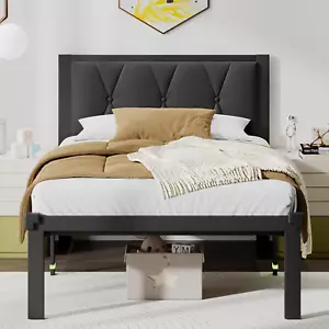 Twin Size Metal Bed Frame, Platform Bed with Faux Leather Button Tufted Headboar - Picture 1 of 7