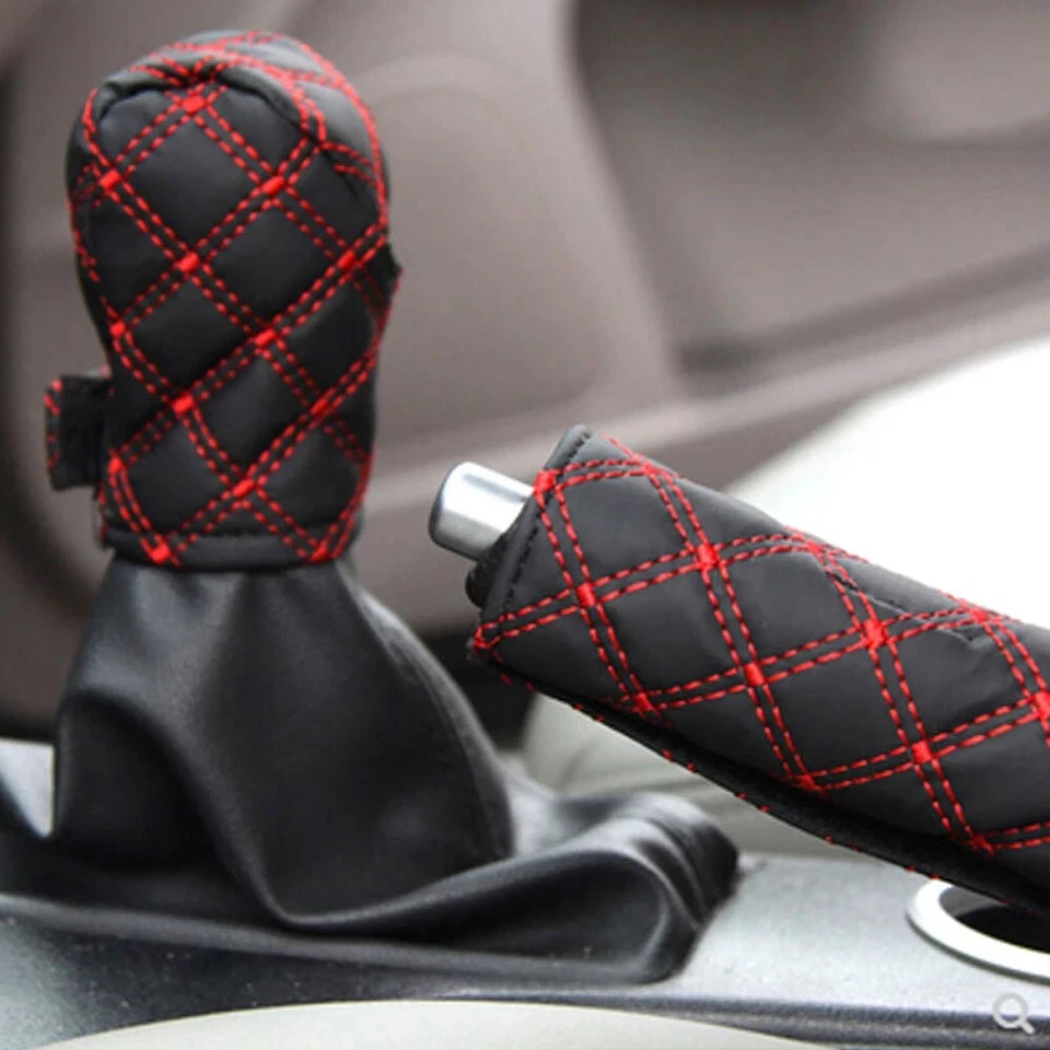 1set Car Leather Gear Shift Knob Cover Hand Brake Sleeve Protect Cover — 第 1/4 张图片