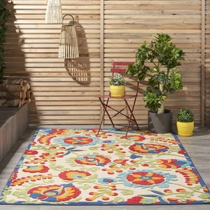 Multi Color Rectangular Outdoor Rug 36X56 Durable Polypropylene Floral Design - Picture 1 of 11
