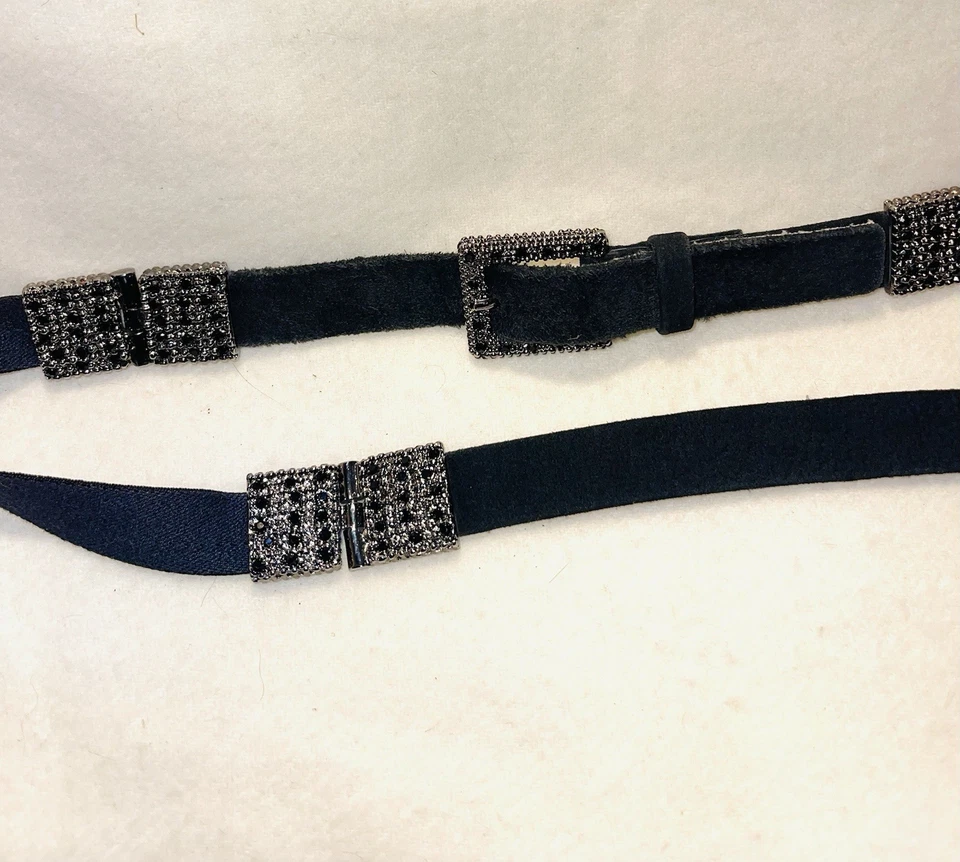 VINTAGE SUZI ROHER BLACK LEATHER HINGED CLEAR & BLACK RHINESTONE  BELT Sz S - Image 1 of 4