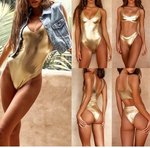 Womens Sleeveless Bodysuit Gold Satin Night Out romantic Leotard  Underwire S/P - Picture 1 of 12