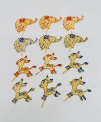 De colección Político DEM GOP Burro Elefante Selecciones de Plástico Cupcake Topper Rojo Azul Foto 1 de 4