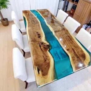 Mesa de comedor superior epoxi azul transparente madera de acacia nogal sofá centro de mesa borde vivo - Imagen 1 de 12