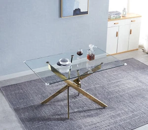 51.2"x 31.5" Rectangular Dining Table Glass Top and Gold Stainless Steel Base - Picture 1 of 5