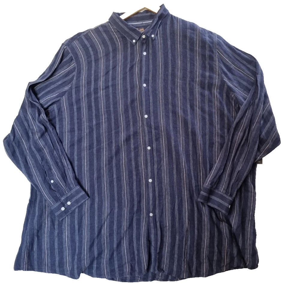 Johnny Bigg Everett Stripe Linen Blend Mens Button Up Shirt Navy 9XL Long Sleeve
