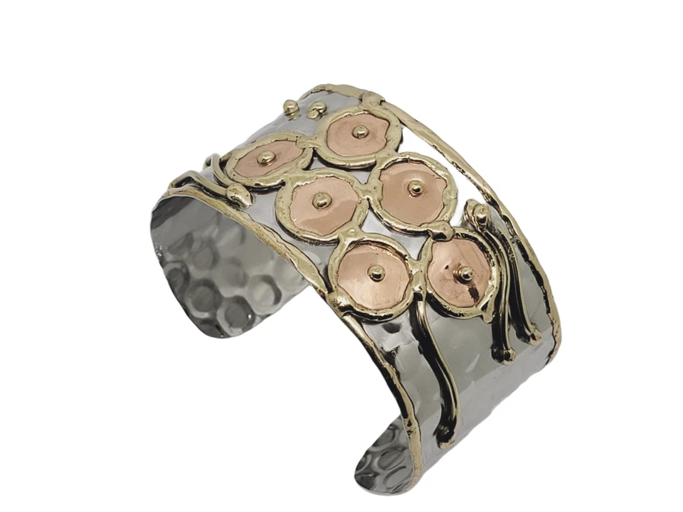 Artisan Handcrafted Cuff Stainless Steel Copper Brass Bracelet W Tiger Eye Cross