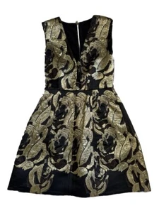 ALICE + OLIVIA Black Gold V-Neck Sleeveless Dress With Pockets & Lining Size 4 - Picture 1 of 9