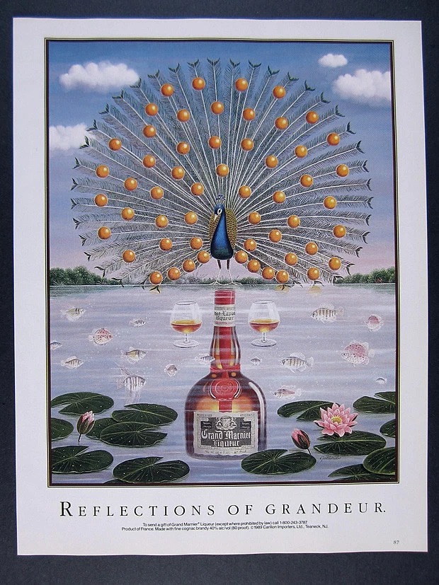 1990 licor Grand Marnier pavo real naranjas peces lirio almohadillas arte impresión vintage anuncio Foto 1 de 1