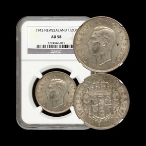 NEW ZEALAND. 1943, 1/2 Crown, Silver - NGC AU58 - KGVI, Maori Coat of Arms - Picture 1 of 5