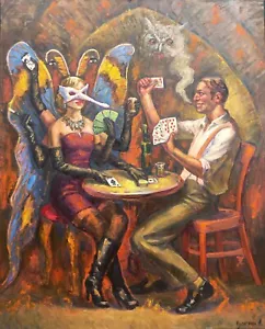 paintingoriginal work oil on canvas playing cards night butterfly - Picture 1 of 6