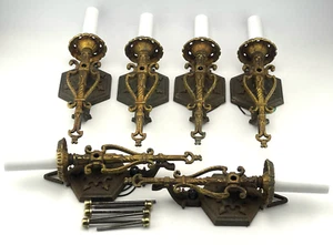 Set of 6 Antique Nickel & Brass Gothic Revival Wall Sconces Working Circa 1920? - Picture 1 of 15