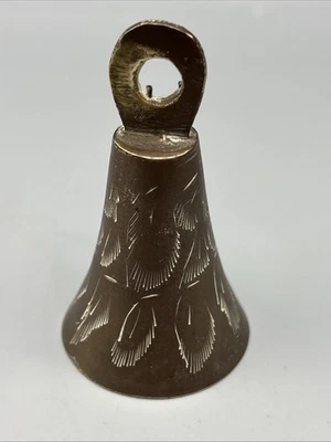 Vintage Brass Bell Small 3” India Engraved Feathers, Primitive Rustic Hand Made - Image 1 of 4