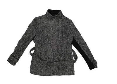 Express 夹克女式大号黑色白色羊毛混纺腰带漏斗领摩托车 — 第 1/4 张图片