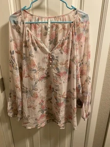 LC Lauren Conrad Top XL Blusa Floral Transparente Borde de Encaje Camisa Manga Larga - Imagen 1 de 7