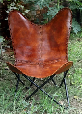 Sillón mariposa de cuero real - Silla plegable con marco de metal rústico Foto 1 de 4