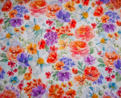 Robert Kaufman Fabric By Yard Orange Purple+ Floral on White Mon Jardin Cotton B - Image 1 of 2