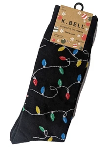 NUEVO ~ K. Bell ~ Para hombres 1 Par Calcetines Crew "Luces de Navidad" ~ Negro ~ 10-13 - Imagen 1 de 2