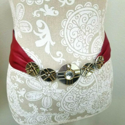 Vtg 90s Red Leather Cinch Waist Belt Silver Gold Metals Crystals Elastic 30-32 - Image 1 of 4